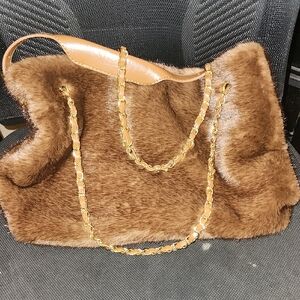 Brown Faux Fur Chain-Handle Tote Bag